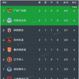 中甲积分榜:广州豹2:0大连鲲城2连胜领跑,陕西联合3:1取队史首胜
